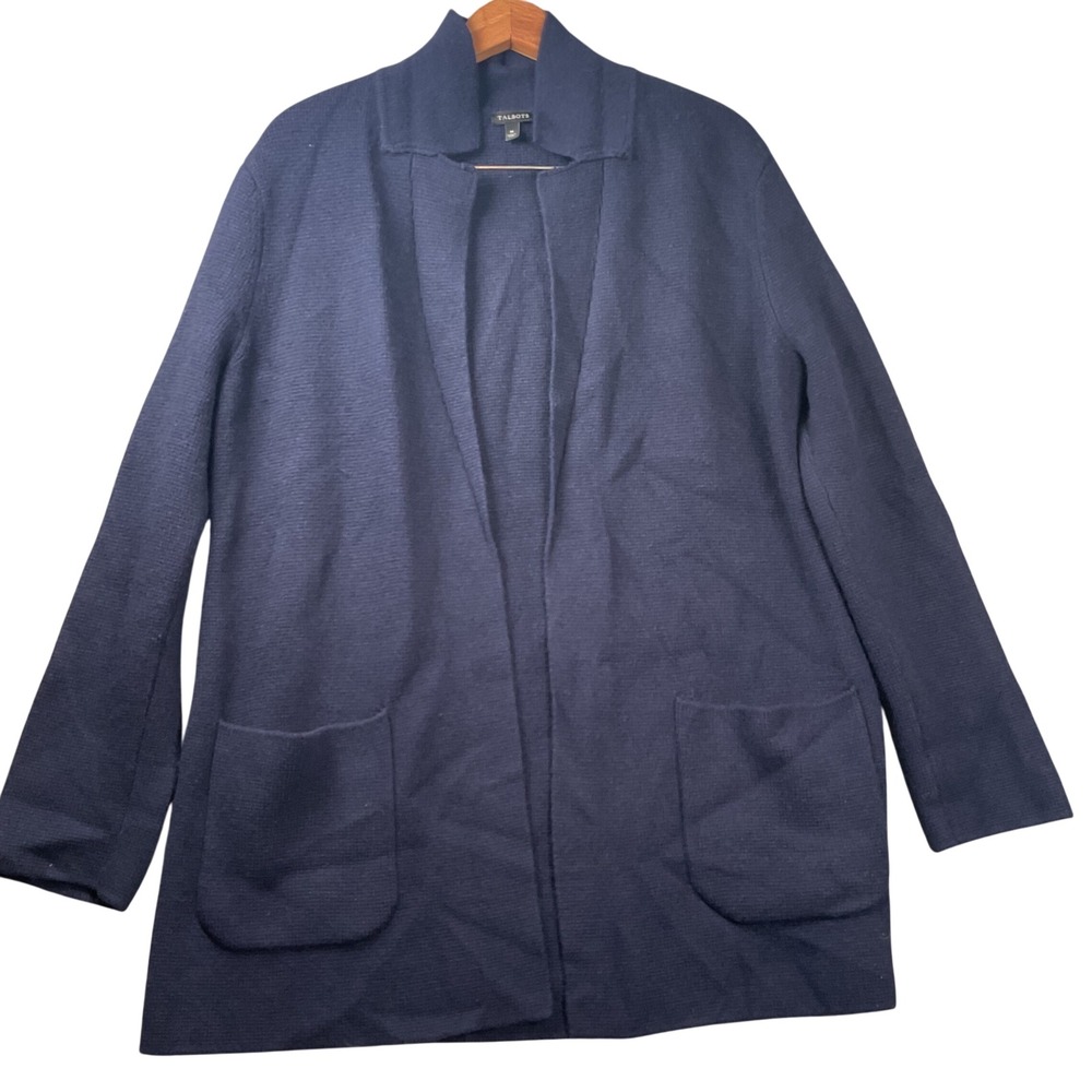 Talbots Cardigan Sweater Womens Medium Navy Blue Open Front Wool Blend Longline